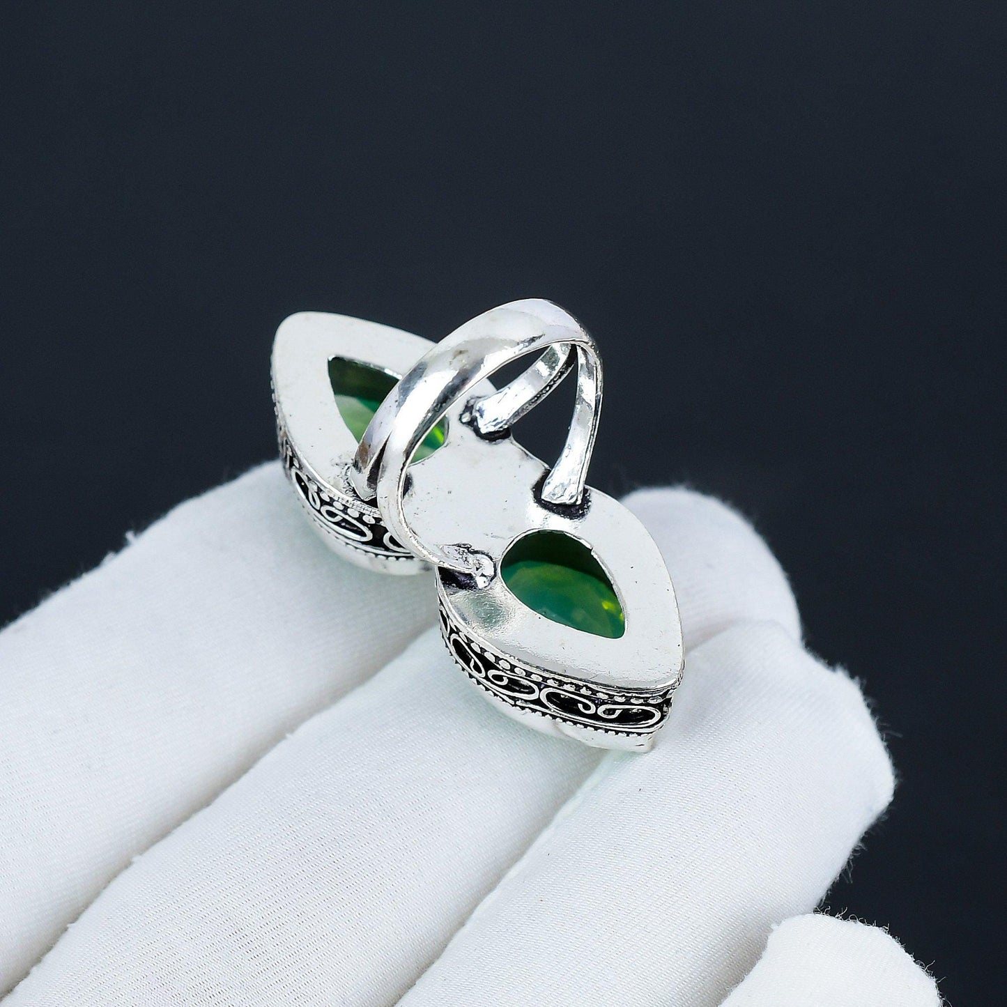 Green Chalcedony Double Stone Silver Ring