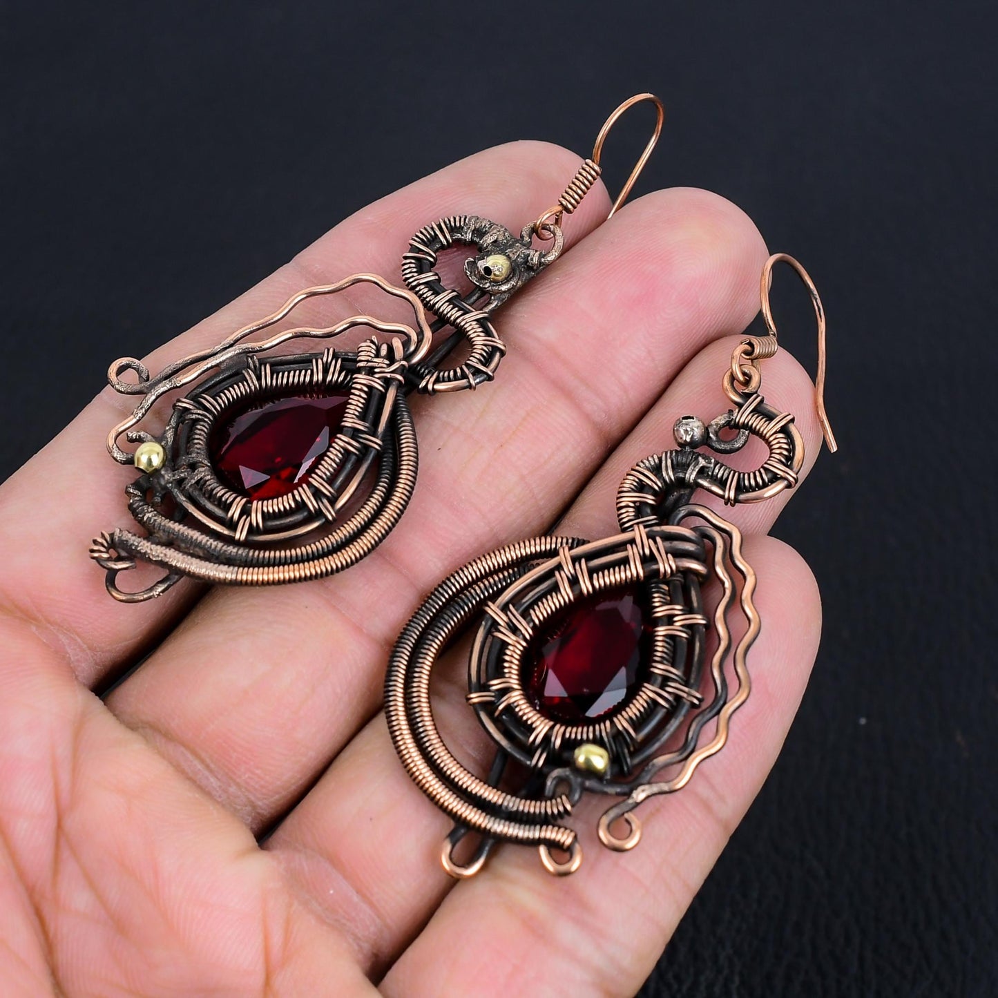 Red Garnet Gemstone Copper Dangle Earrings