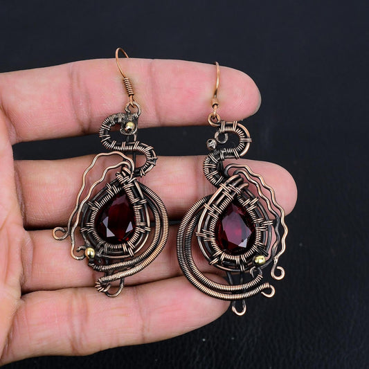 Red Garnet Gemstone Copper Dangle Earrings