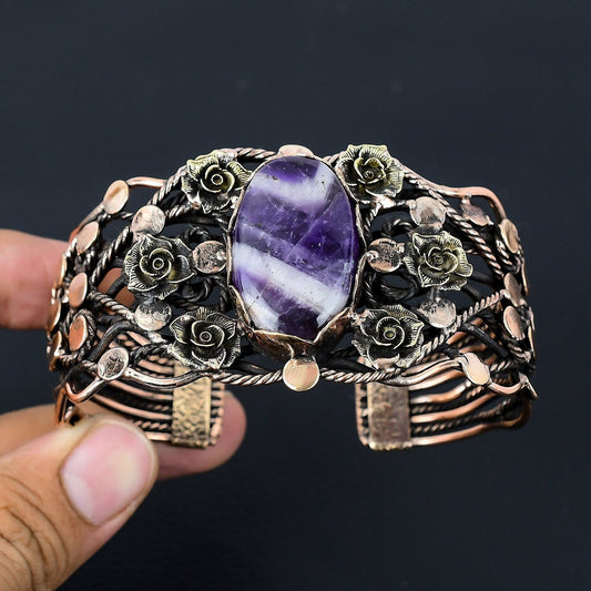 Purple Sage Amethyst Gemstone Copper Wire-Wrapped Bracelet