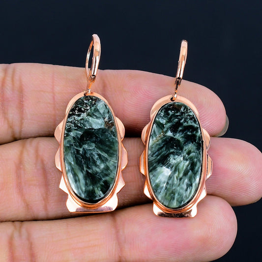 Green Seraphinite Gemstone Copper Leverback Earrings