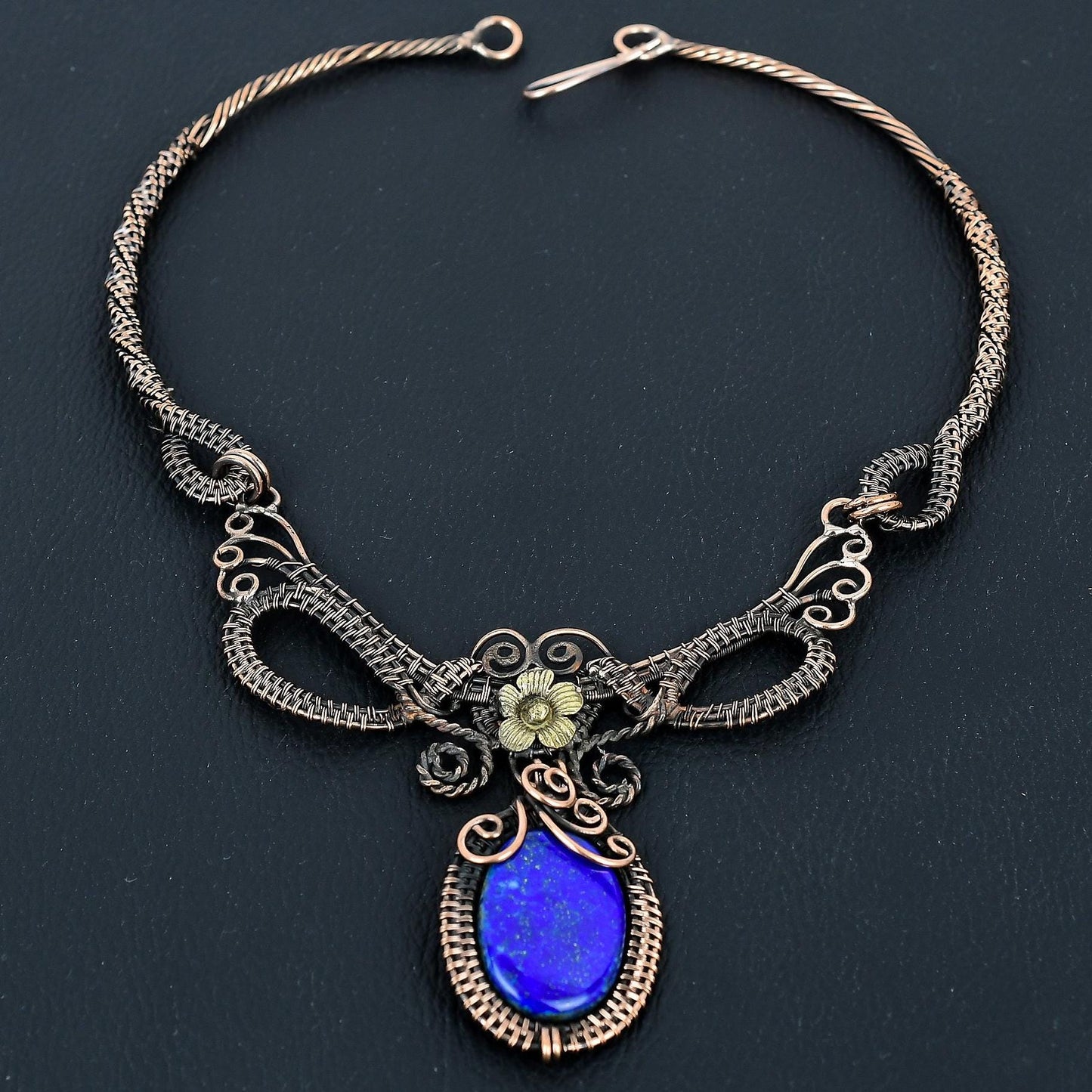 Lapis Lazuli Blue Gemstone Copper Wire-Wrap Necklace