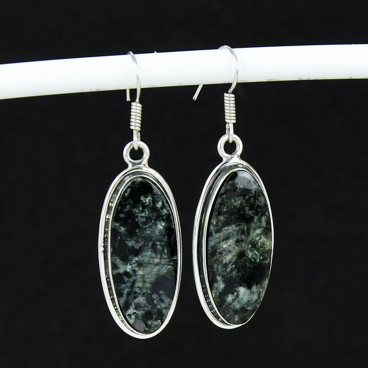 Black Larvikite Oval Sterling Silver Earrings