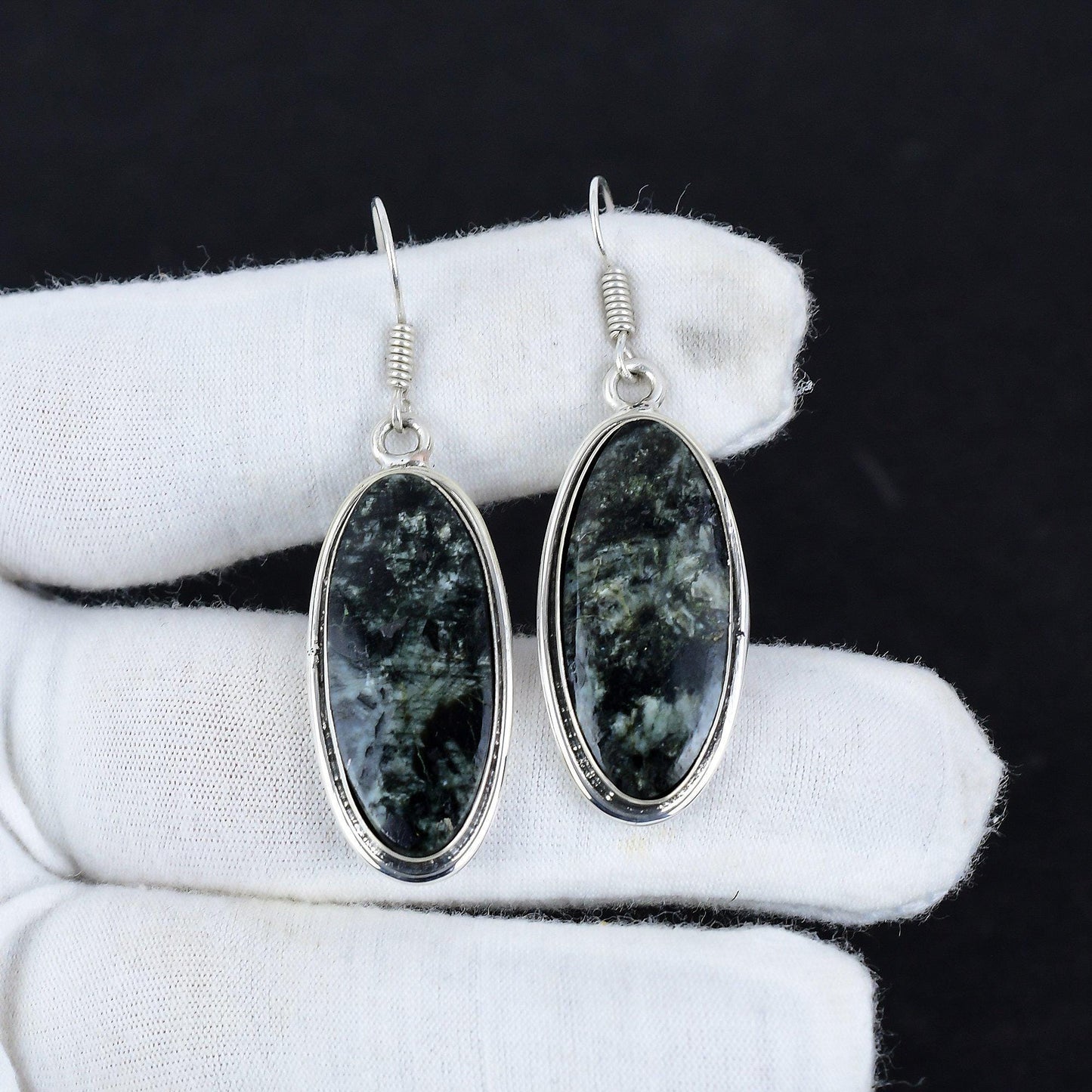 Black Larvikite Oval Sterling Silver Earrings