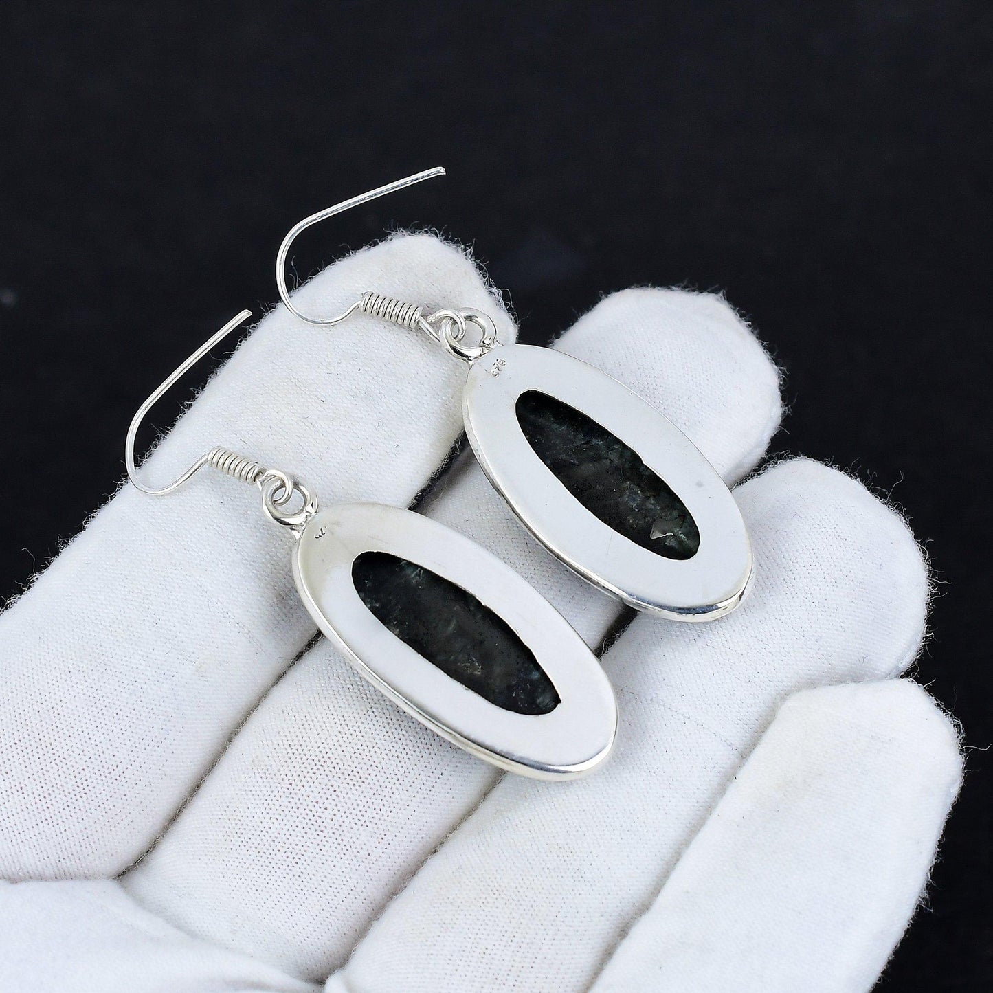 Black Larvikite Oval Sterling Silver Earrings