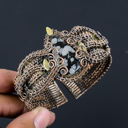 Black Snowflake Obsidian Gemstone Copper Cuff
