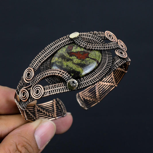 Green-Red Dragon Blood Jasper Gemstone Copper Cuff Bracelet