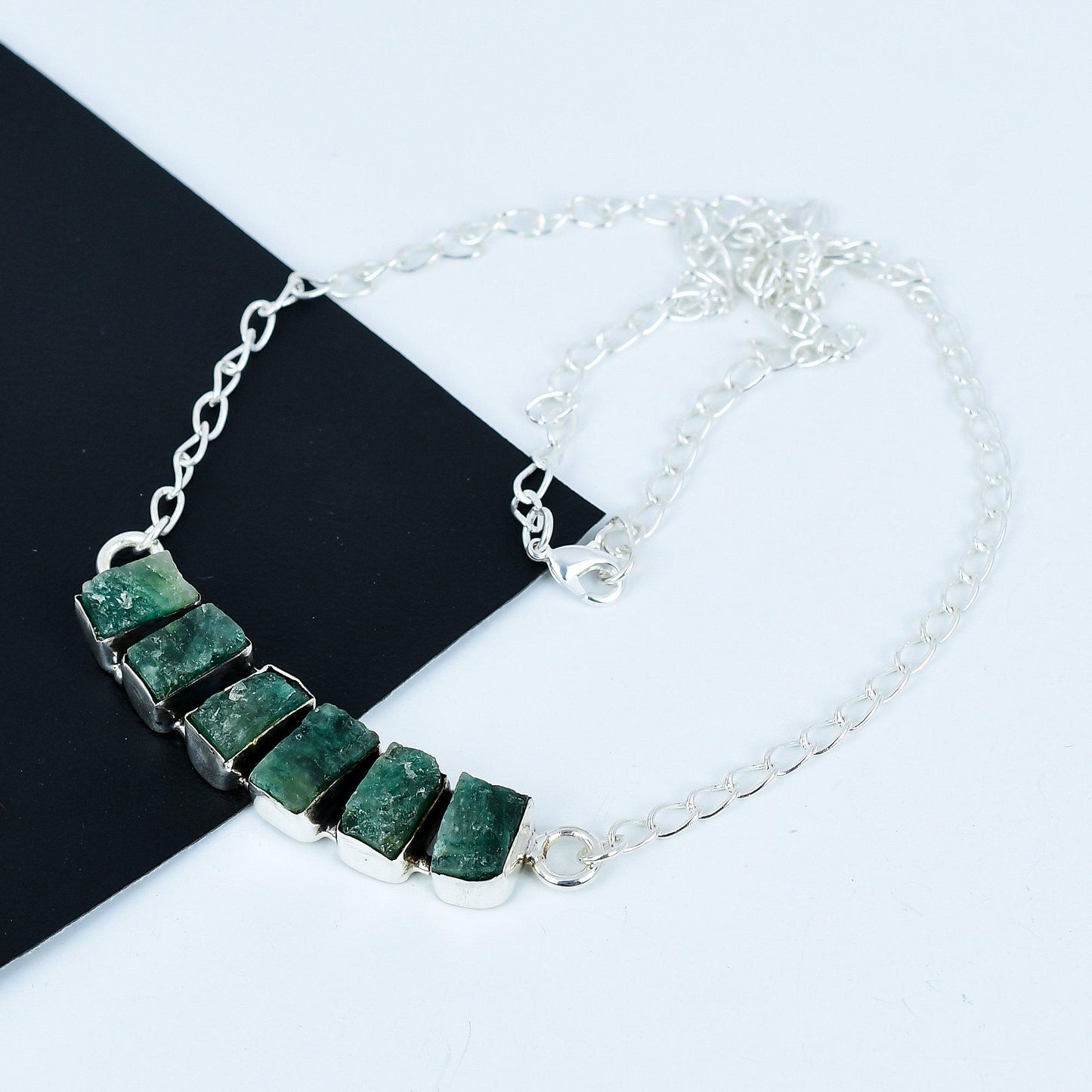 Green Raw Emerald 925 Sterling Silver Necklace