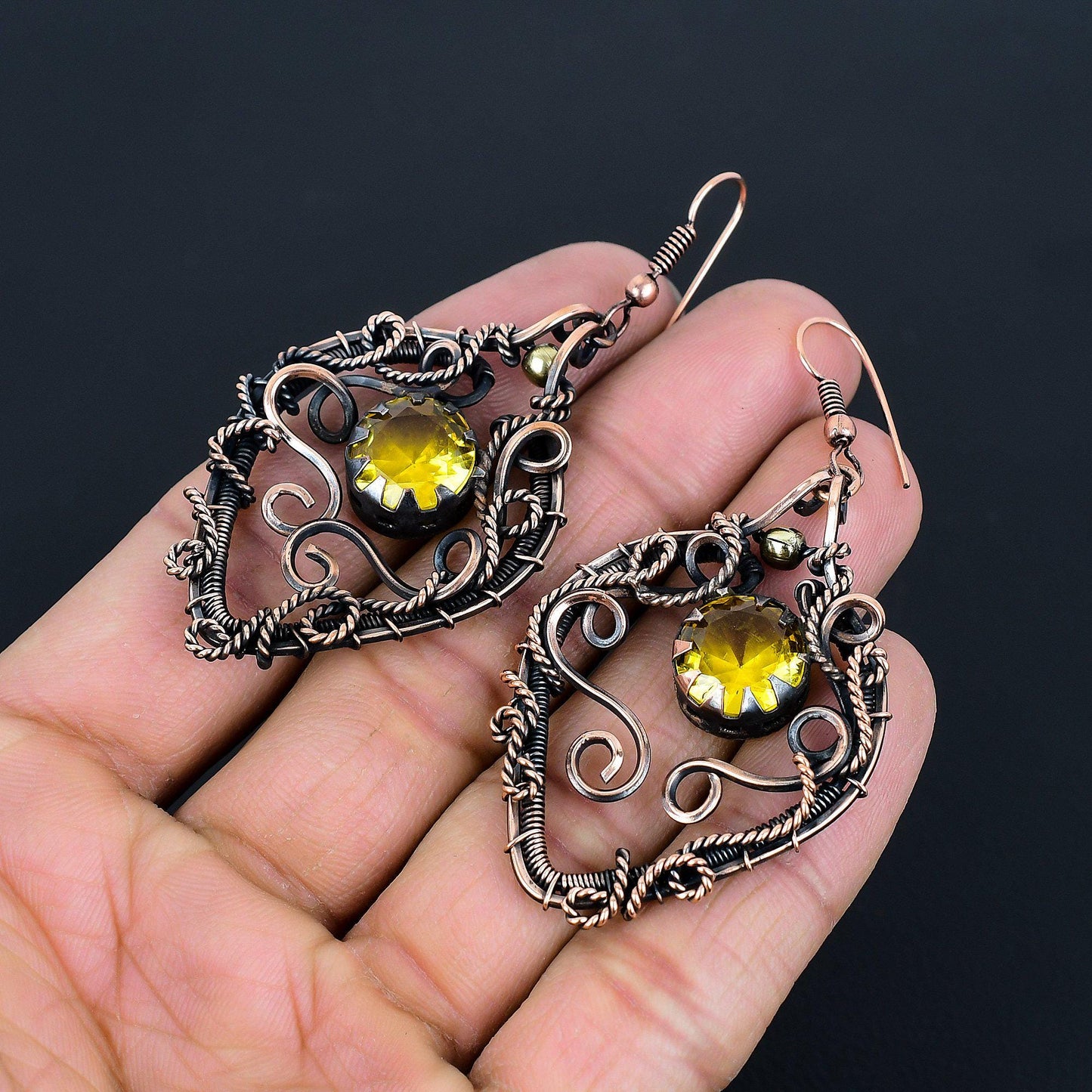 Yellow Citrine Gemstone Copper Earrings