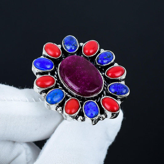 Red Ruby Coral & Blue Lapis Gemstone Ring