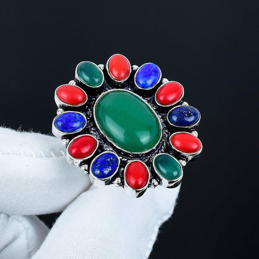 Green Onyx Red Coral & Lapis Lazuli Gemstone Ring