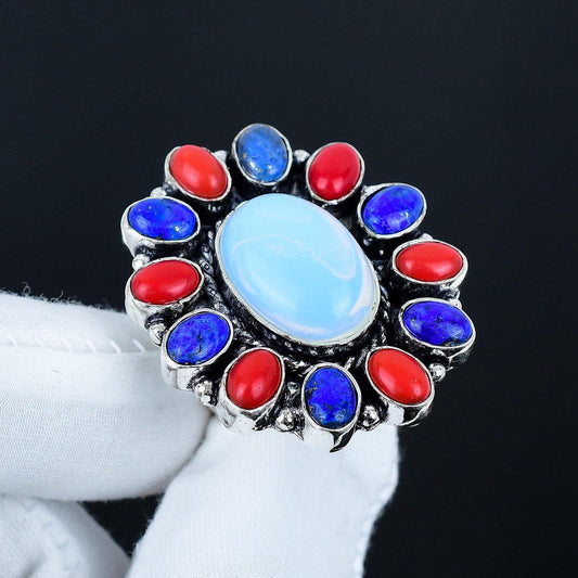 White Opal, Red Coral & Blue Lapis Gemstone Ring