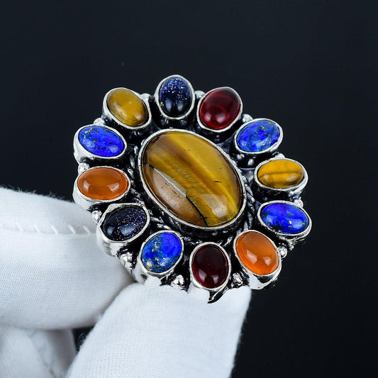 Gold-Brown Tiger Eye & Orange Carnelian Gemstone Silver Ring