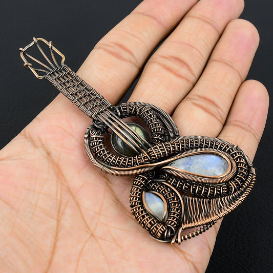 Rainbow Moonstone Labradorite Gemstone Guitar Pendant