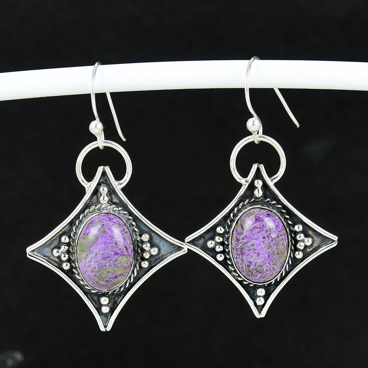 Purple Purpurite Gemstone Silver Dangle Earrings