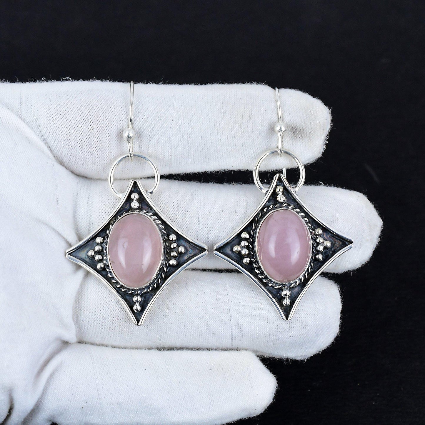 Pink Rose Quartz Gemstone Silver Dangle Earrings