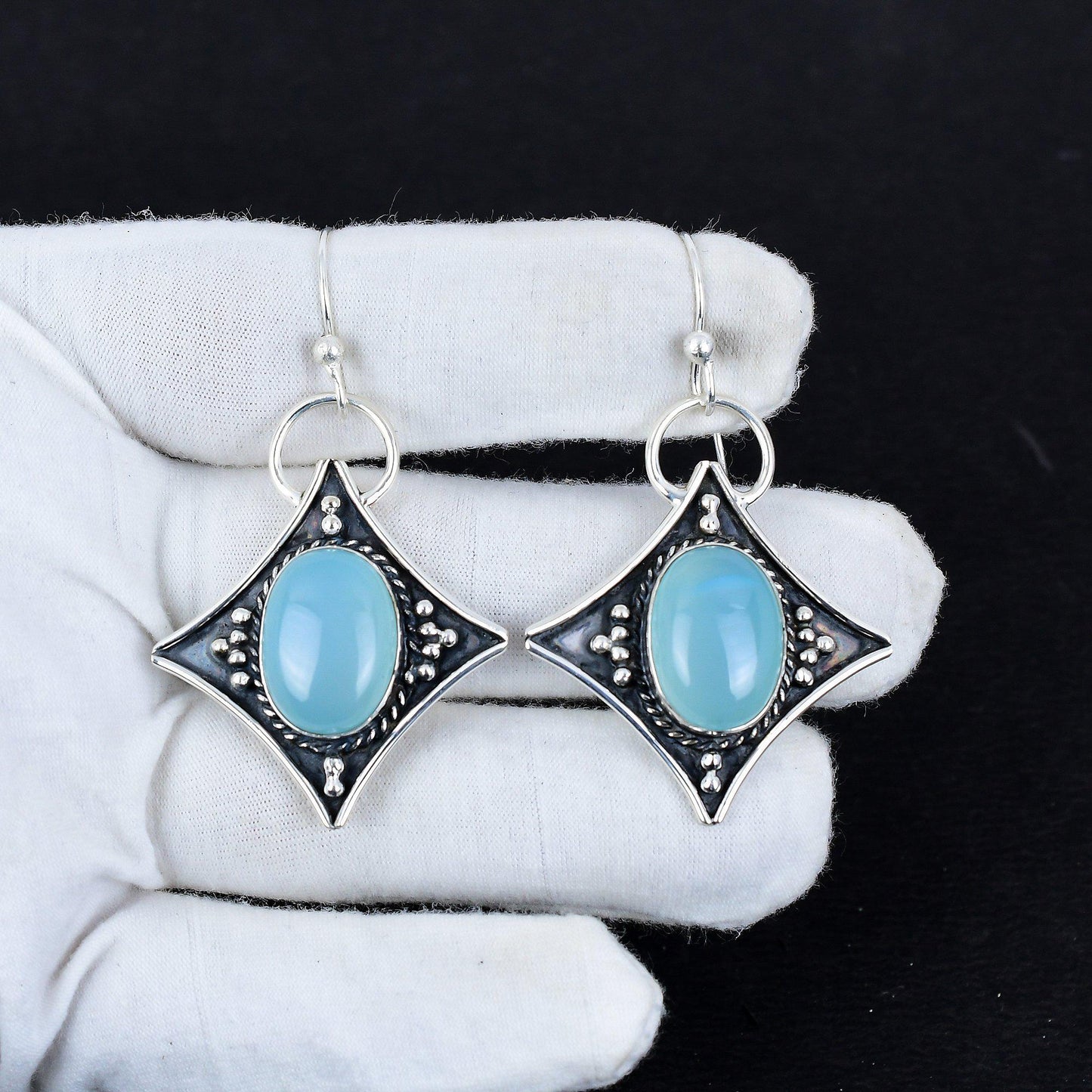 Blue Chalcedony Gemstone Dangle Earrings