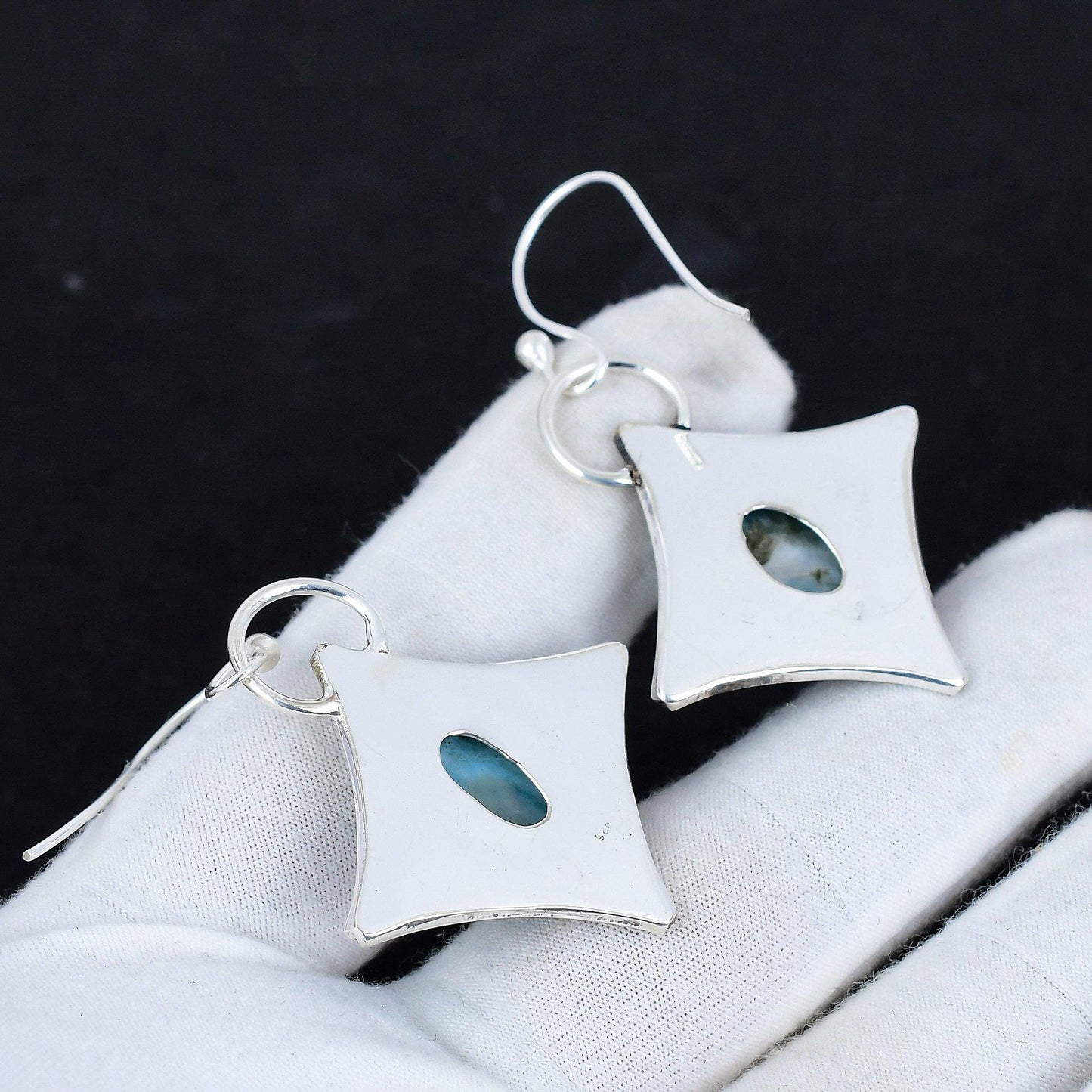 Blue Larimar Gemstone 925 Silver Dangle Earrings
