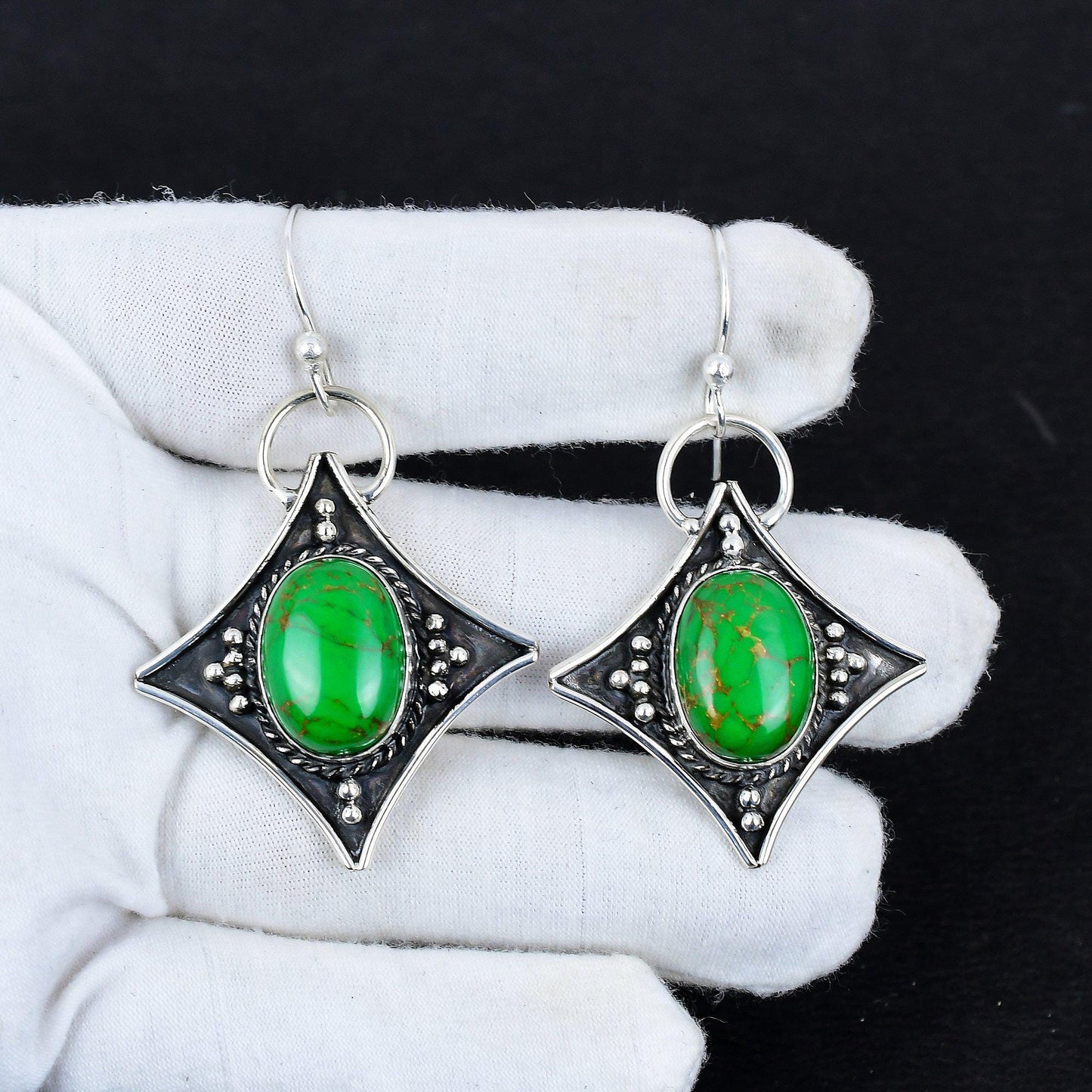 Green Turquoise Gemstone Dangle Earrings