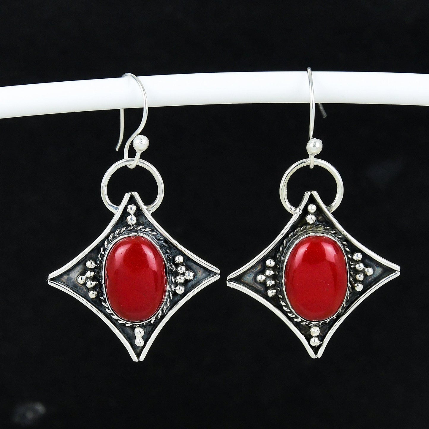 Red Coral Gemstone Dangle Earrings