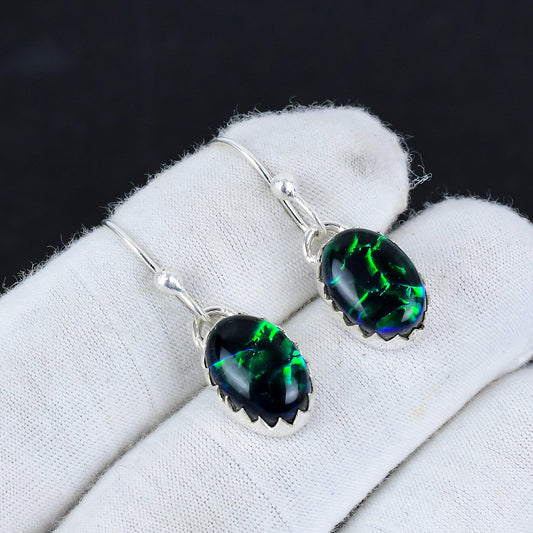 Blue Green Opal Gemstone Sterling Silver Earrings