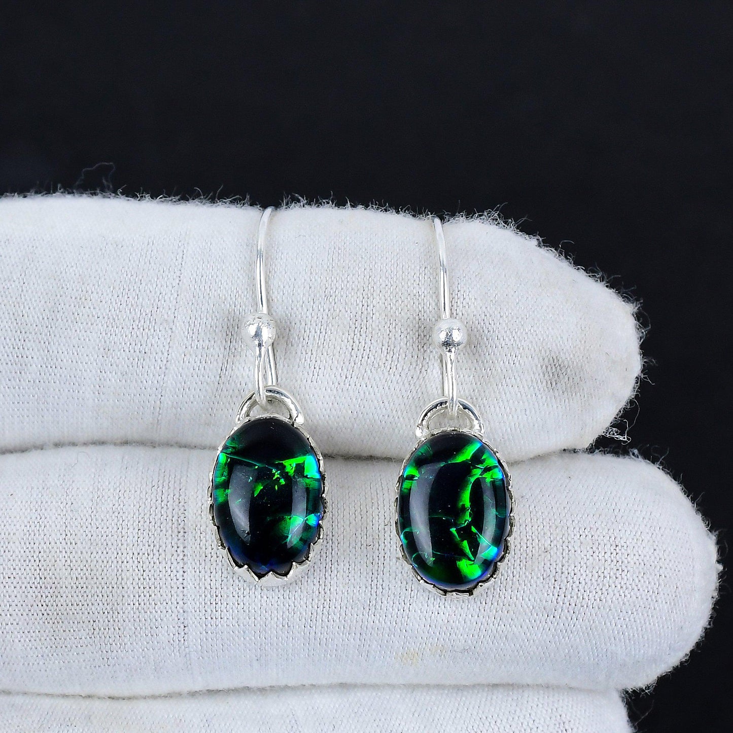 Blue Green Opal Gemstone Sterling Silver Earrings