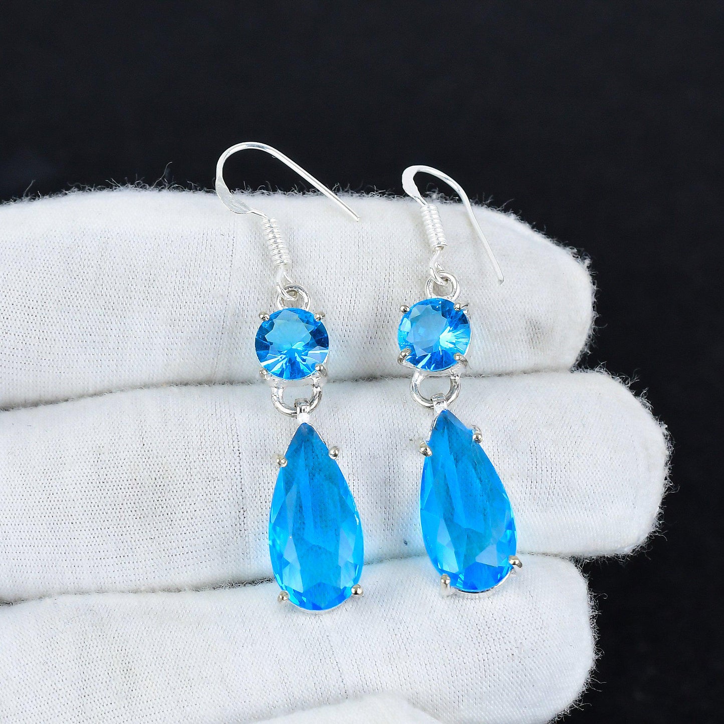 Blue Topaz Gemstone Sterling Silver Dangle Earrings
