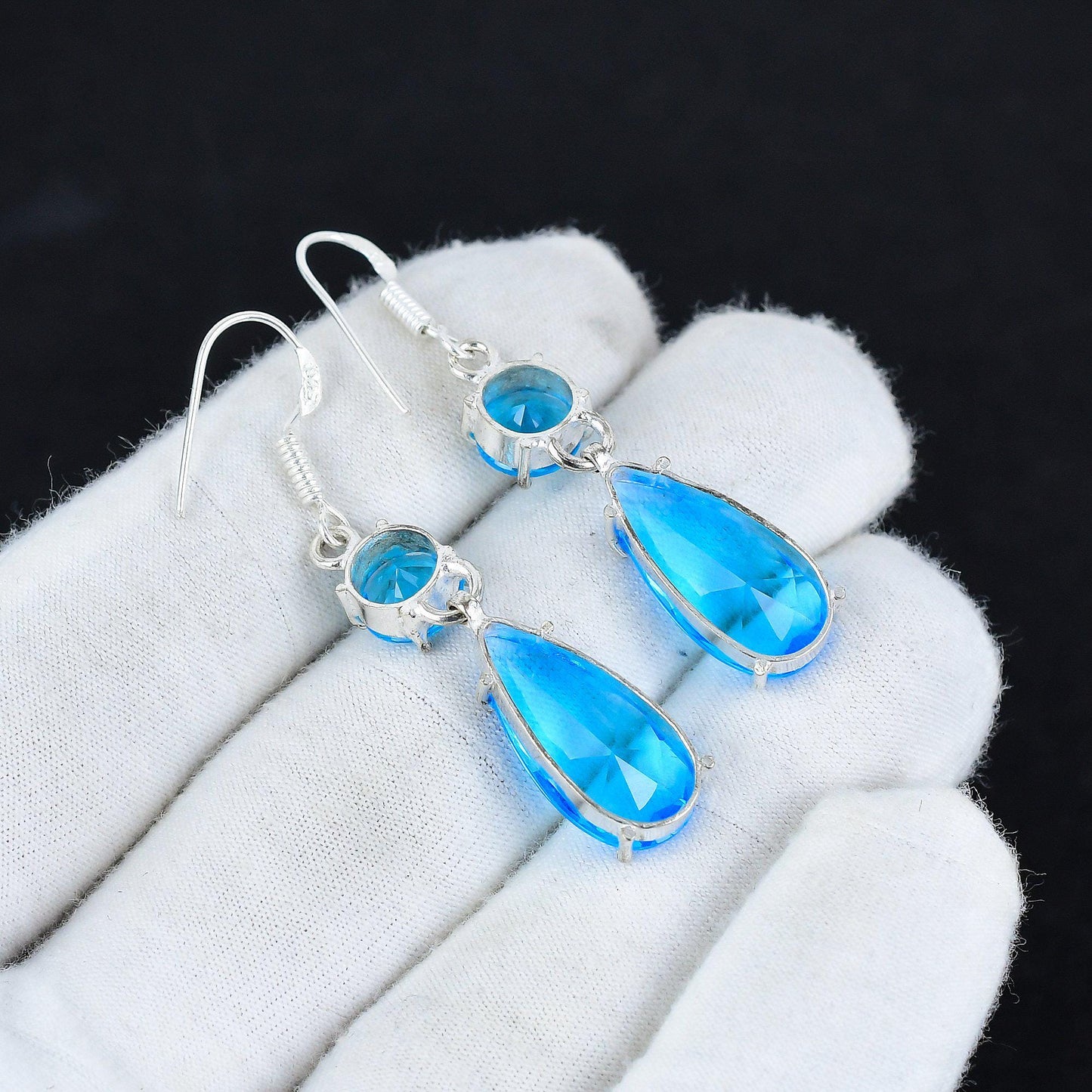 Blue Topaz Gemstone Sterling Silver Dangle Earrings
