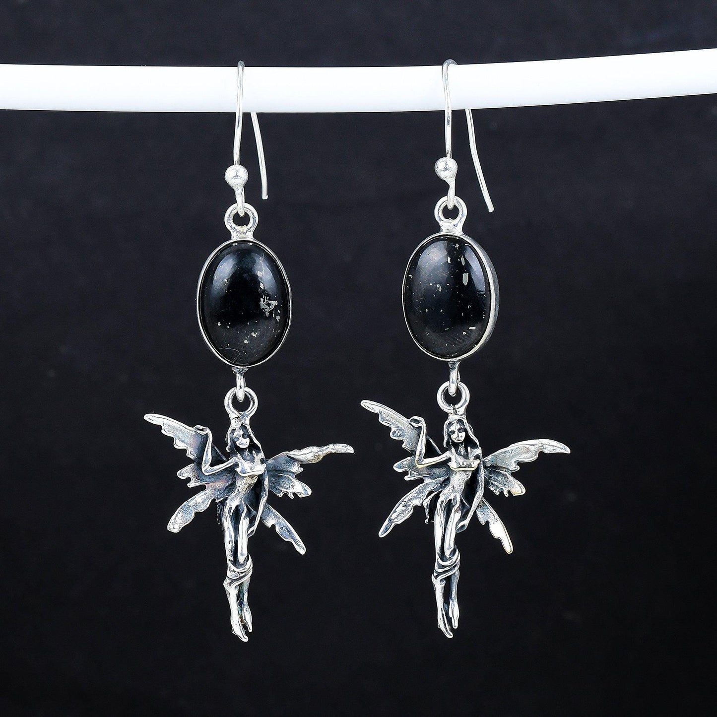 Black Gemstone Sterling Silver Hook Earrings