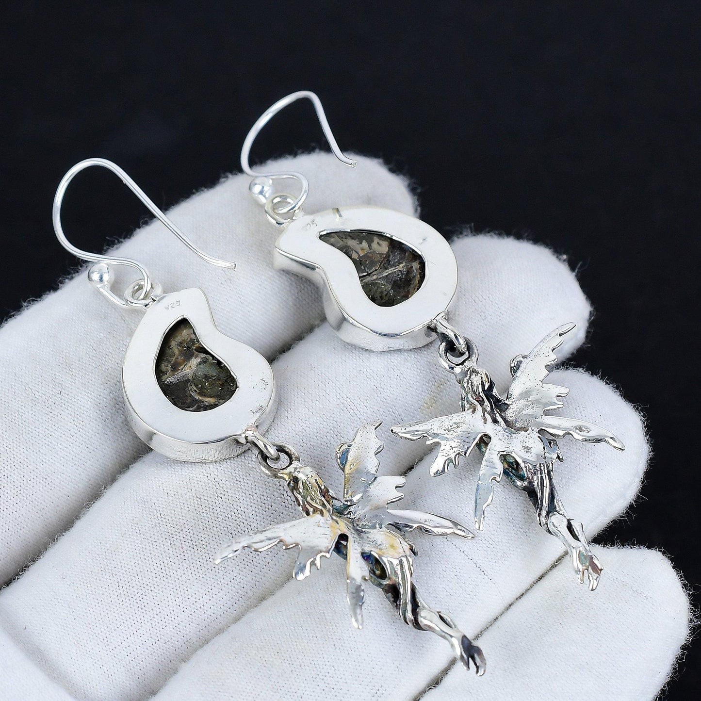 Brown Ammonite Gemstone Silver Earrings