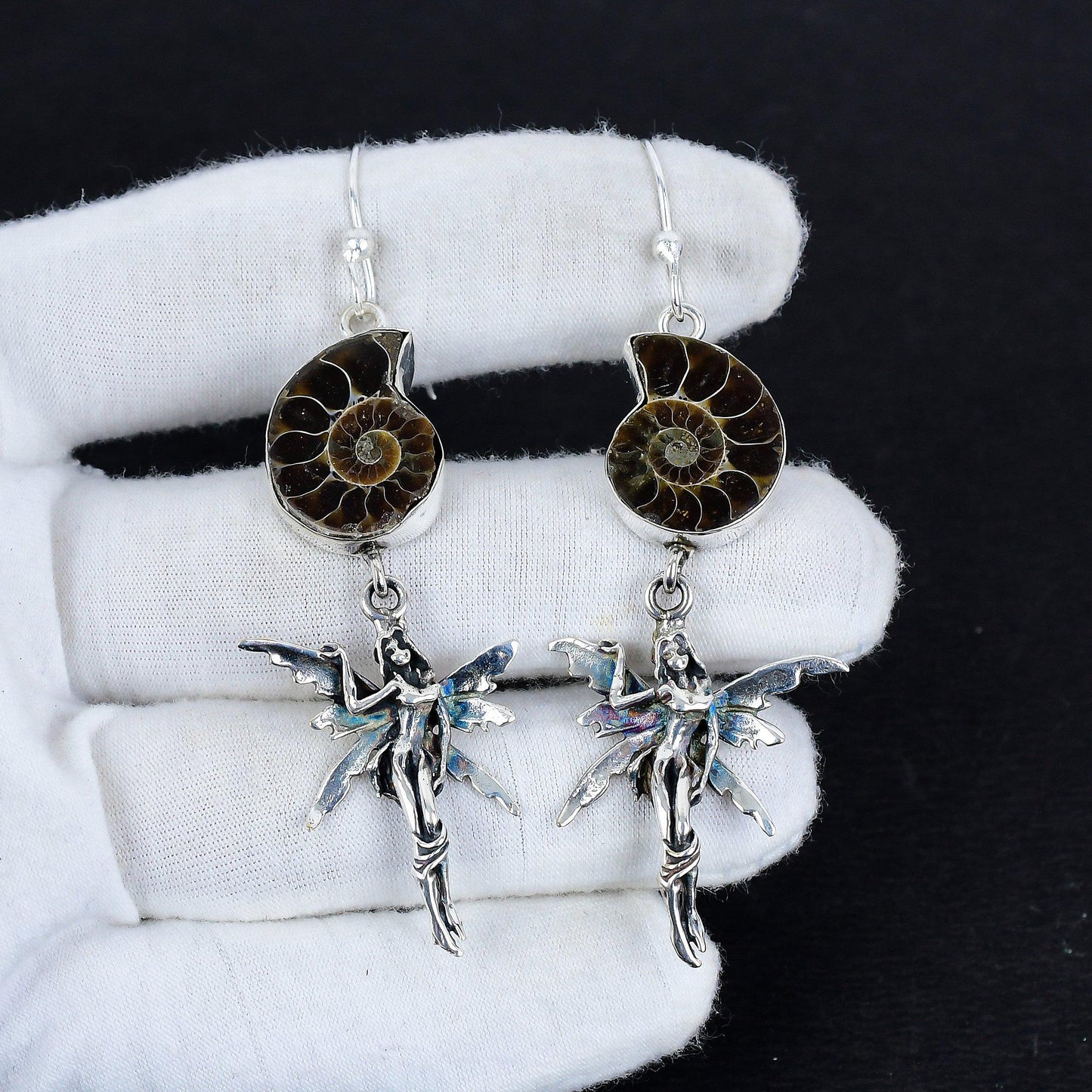 Brown Ammonite Gemstone Silver Earrings