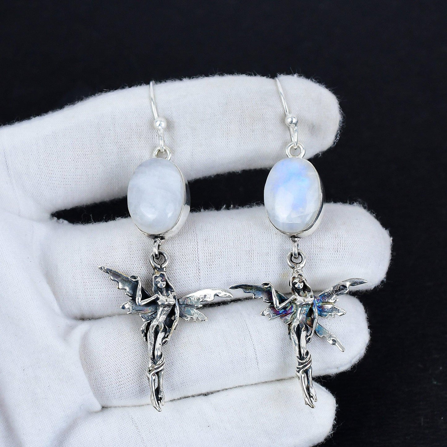 Rainbow Moonstone Gemstone Silver Earrings