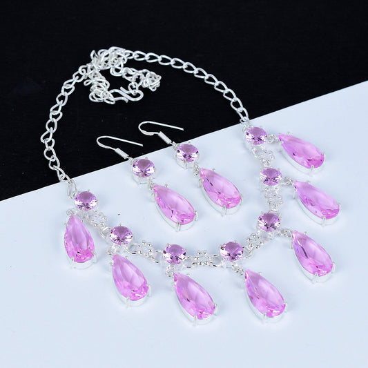 Pink Kunzite Gemstone Necklace & Silver Earrings Set