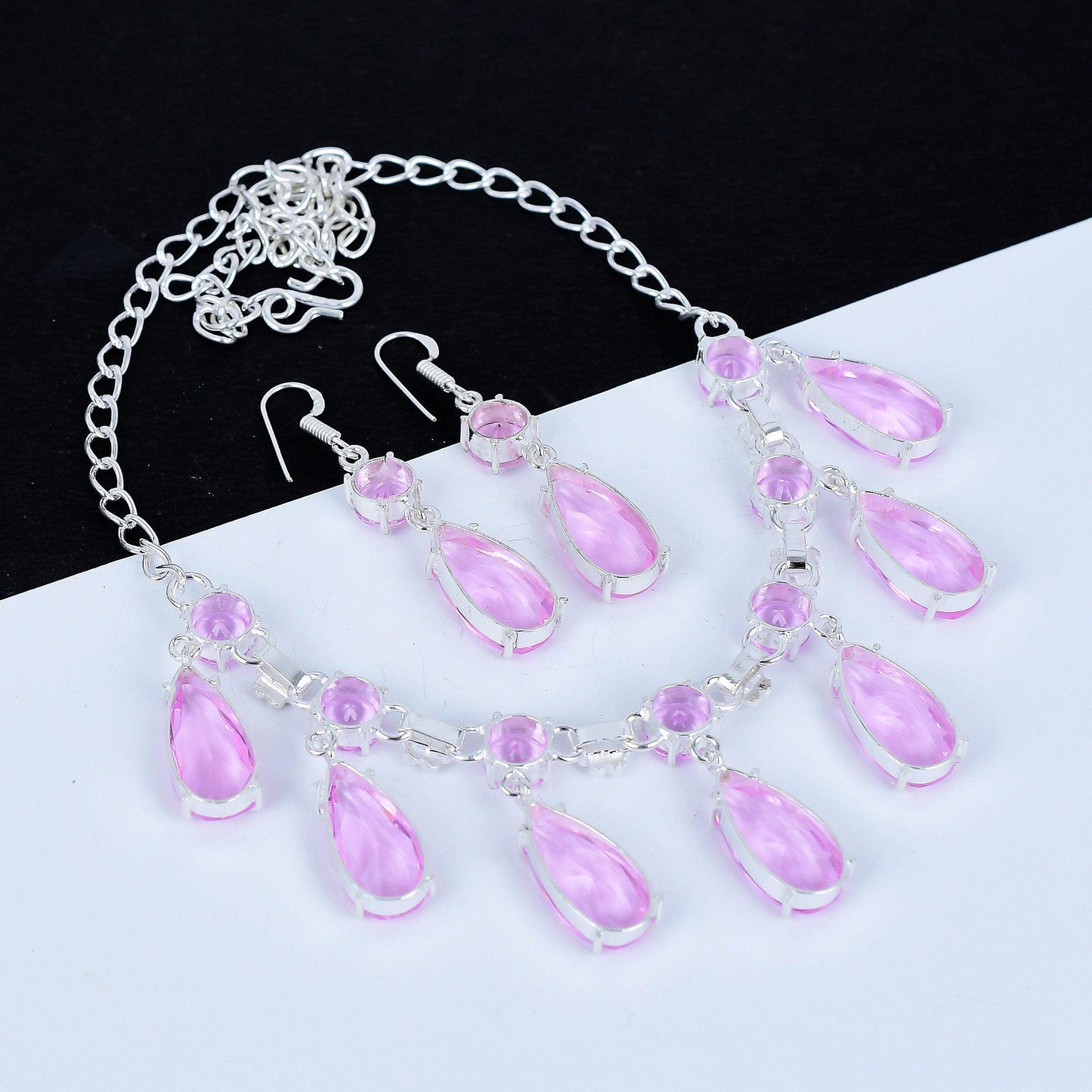 Pink Kunzite Gemstone Necklace & Silver Earrings Set
