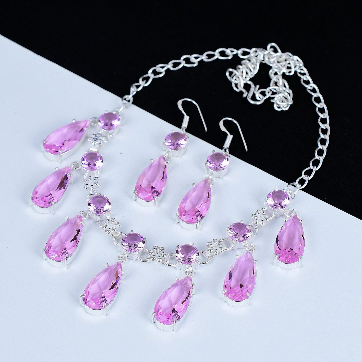 Pink Kunzite Gemstone Necklace & Silver Earrings Set