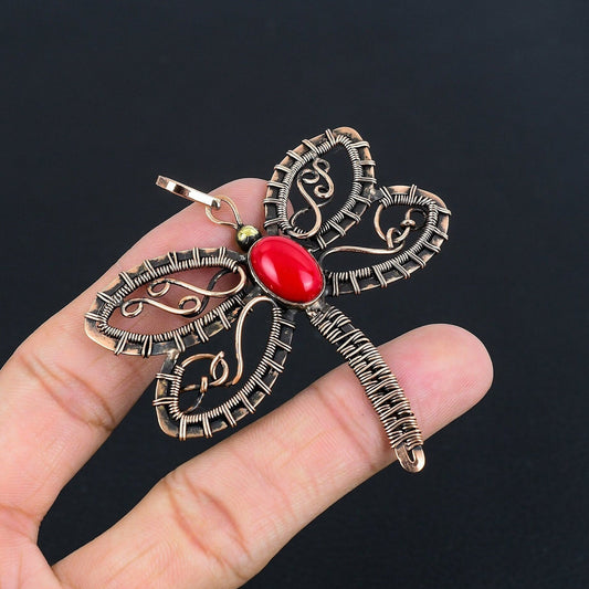 Red Coral Gemstone Dragonfly Pendant