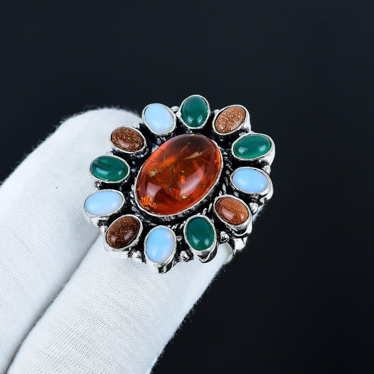 Amber, Green Onyx & Sunstone Sterling Silver Ring