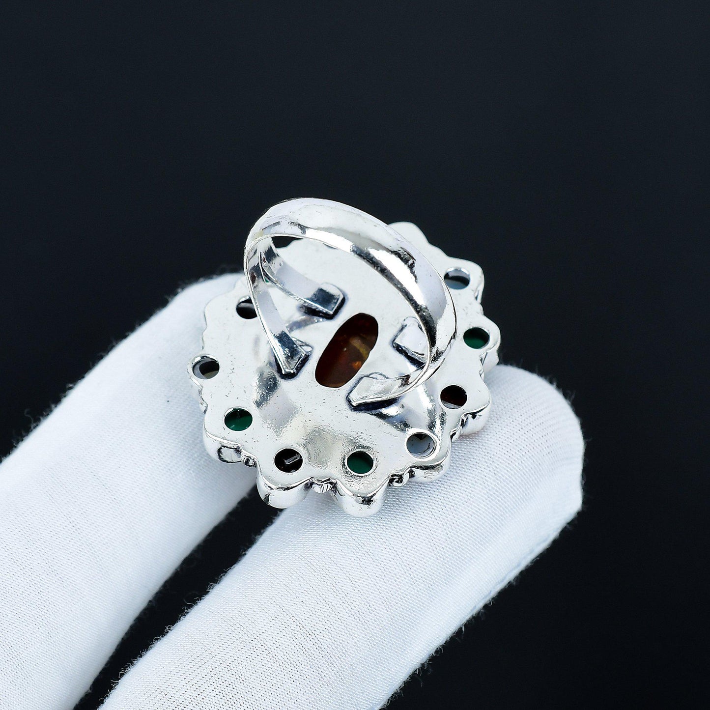 Amber, Green Onyx & Sunstone Sterling Silver Ring