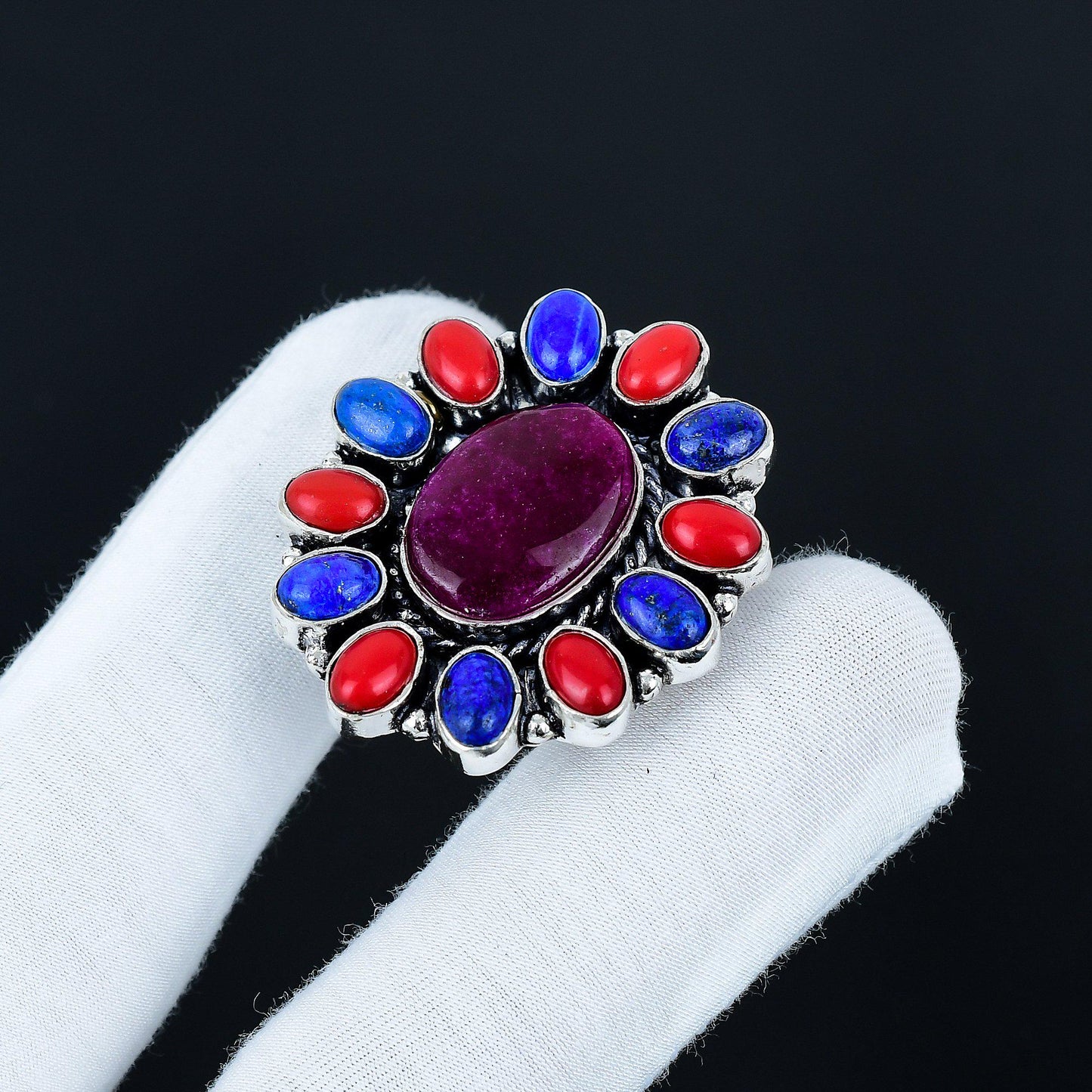Red Ruby Coral & Blue Lapis Gemstone Ring
