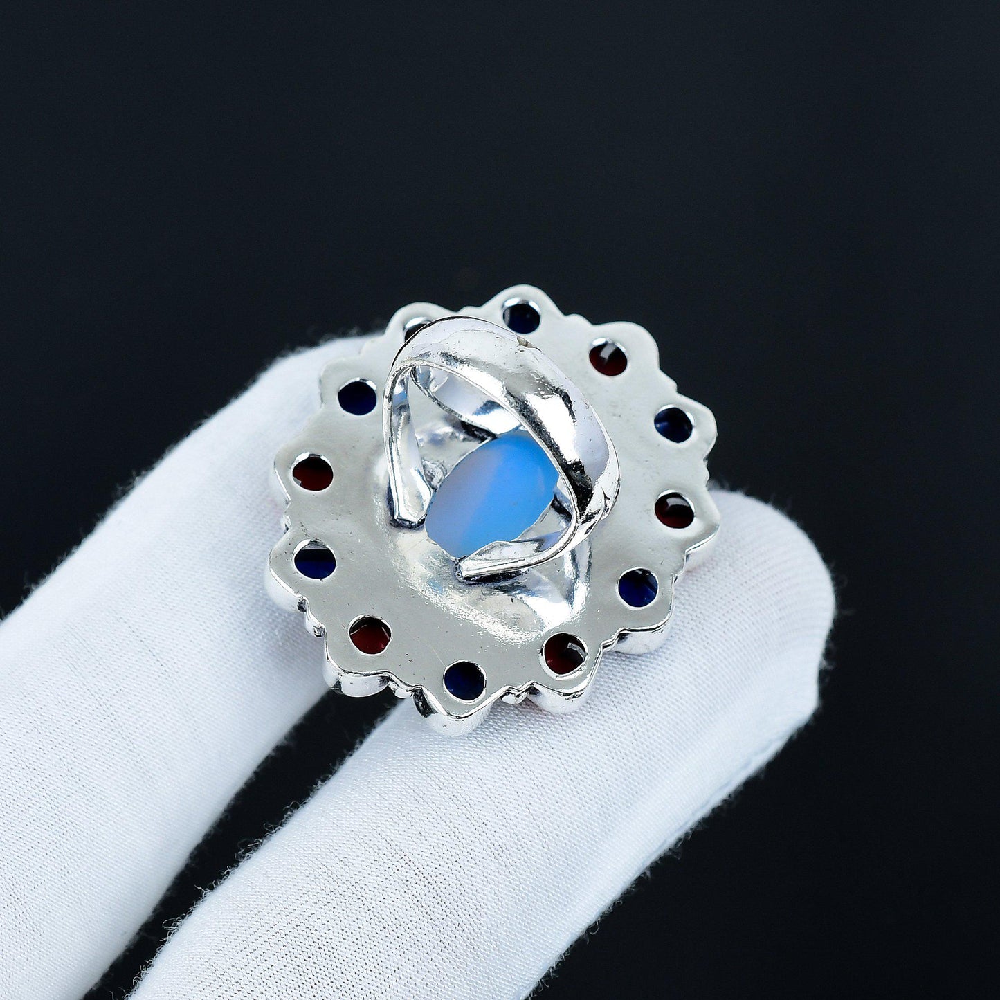 White Opal, Red Coral & Blue Lapis Gemstone Ring