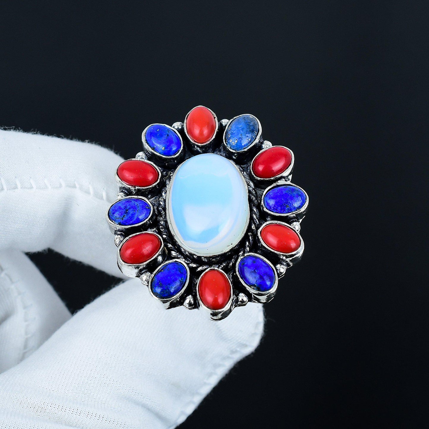 White Opal, Red Coral & Blue Lapis Gemstone Ring