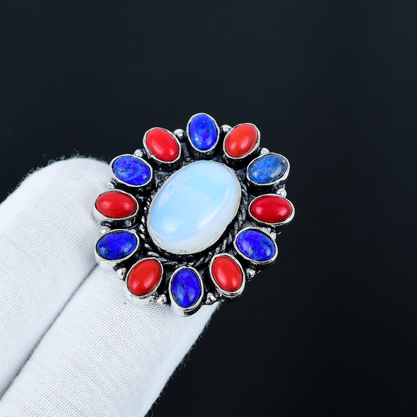 White Opal, Red Coral & Blue Lapis Gemstone Ring