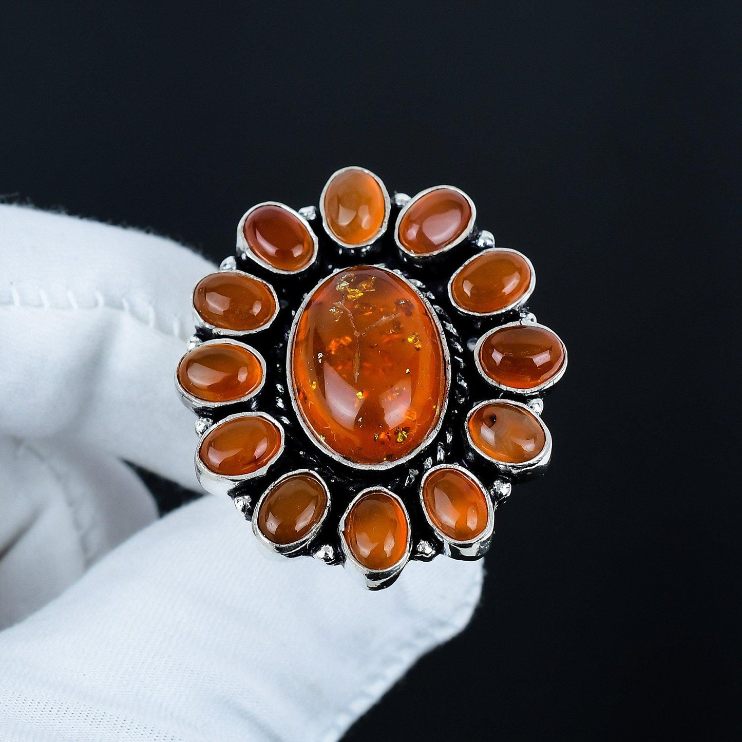 Golden Baltic Amber & Red Carnelian Gemstone Ring