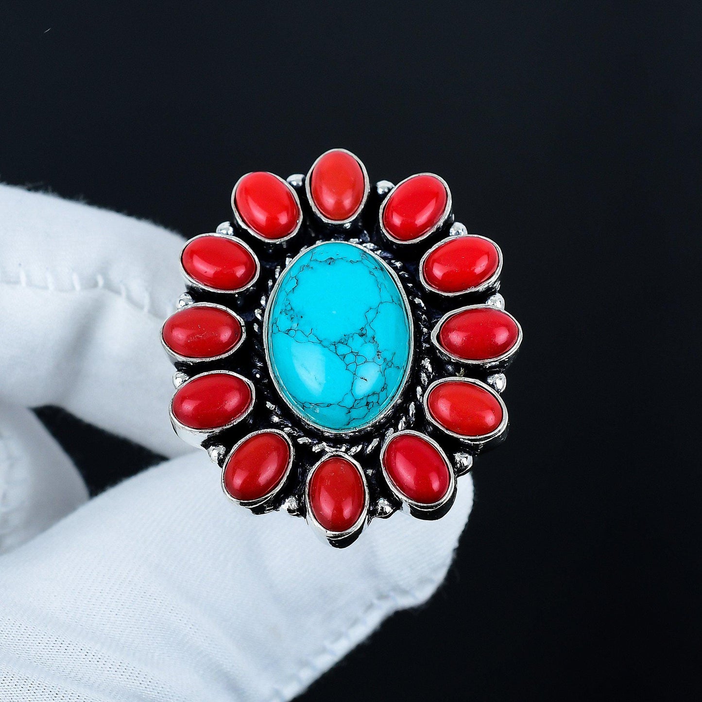 Turquoise & Red Coral Gemstone Ring