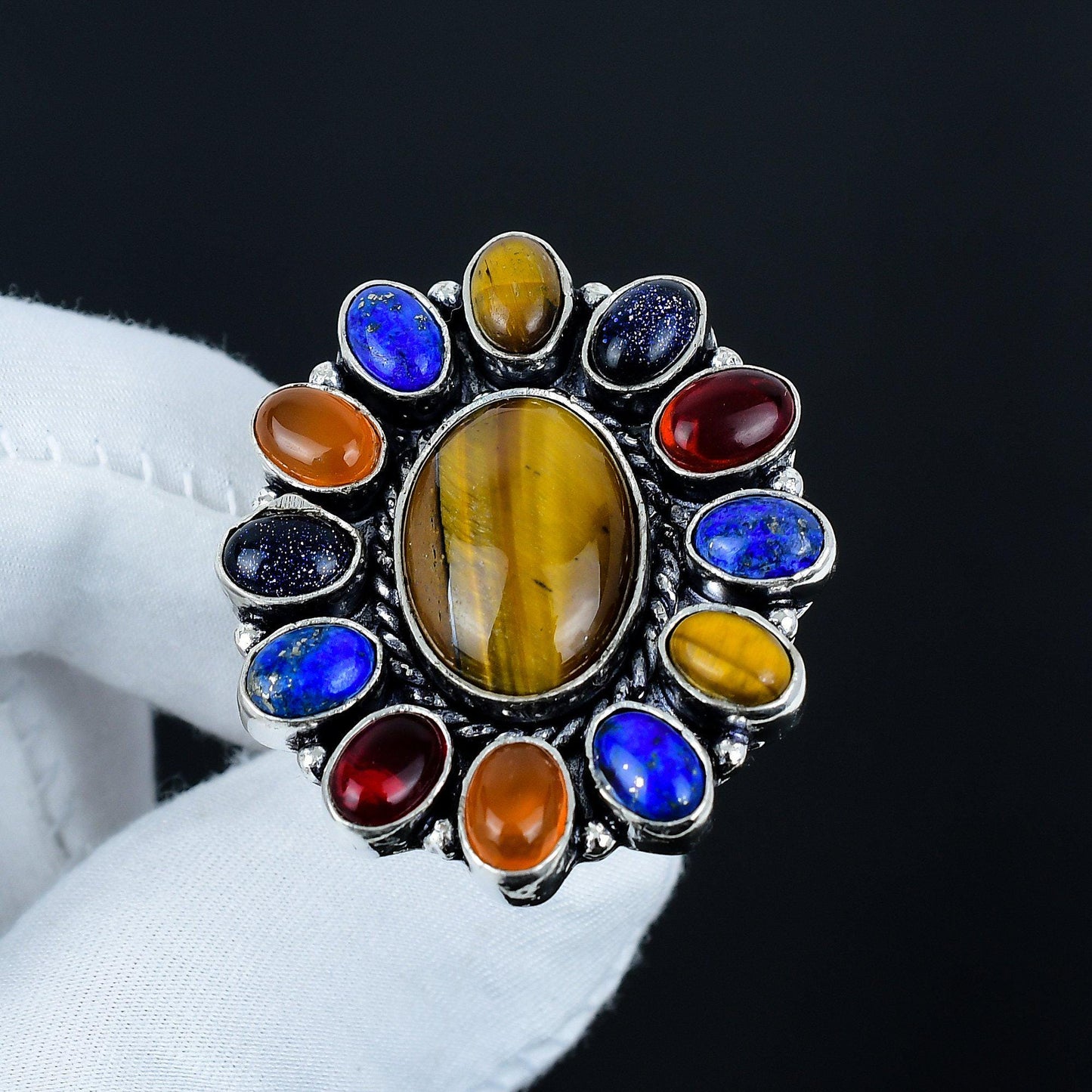 Gold-Brown Tiger Eye & Orange Carnelian Gemstone Silver Ring