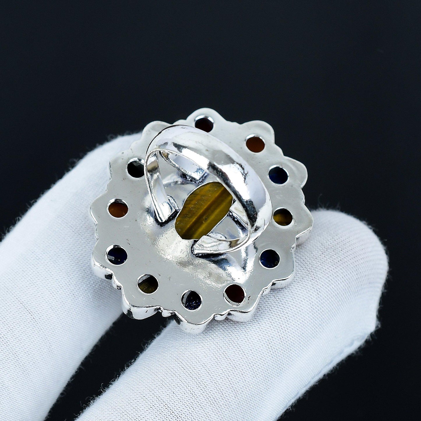 Gold-Brown Tiger Eye & Orange Carnelian Gemstone Silver Ring