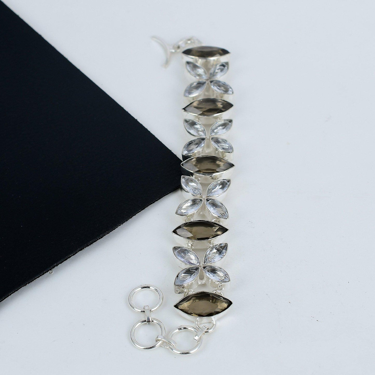 Smoky Brown & White Topaz Gemstone Sterling Silver Bracelet