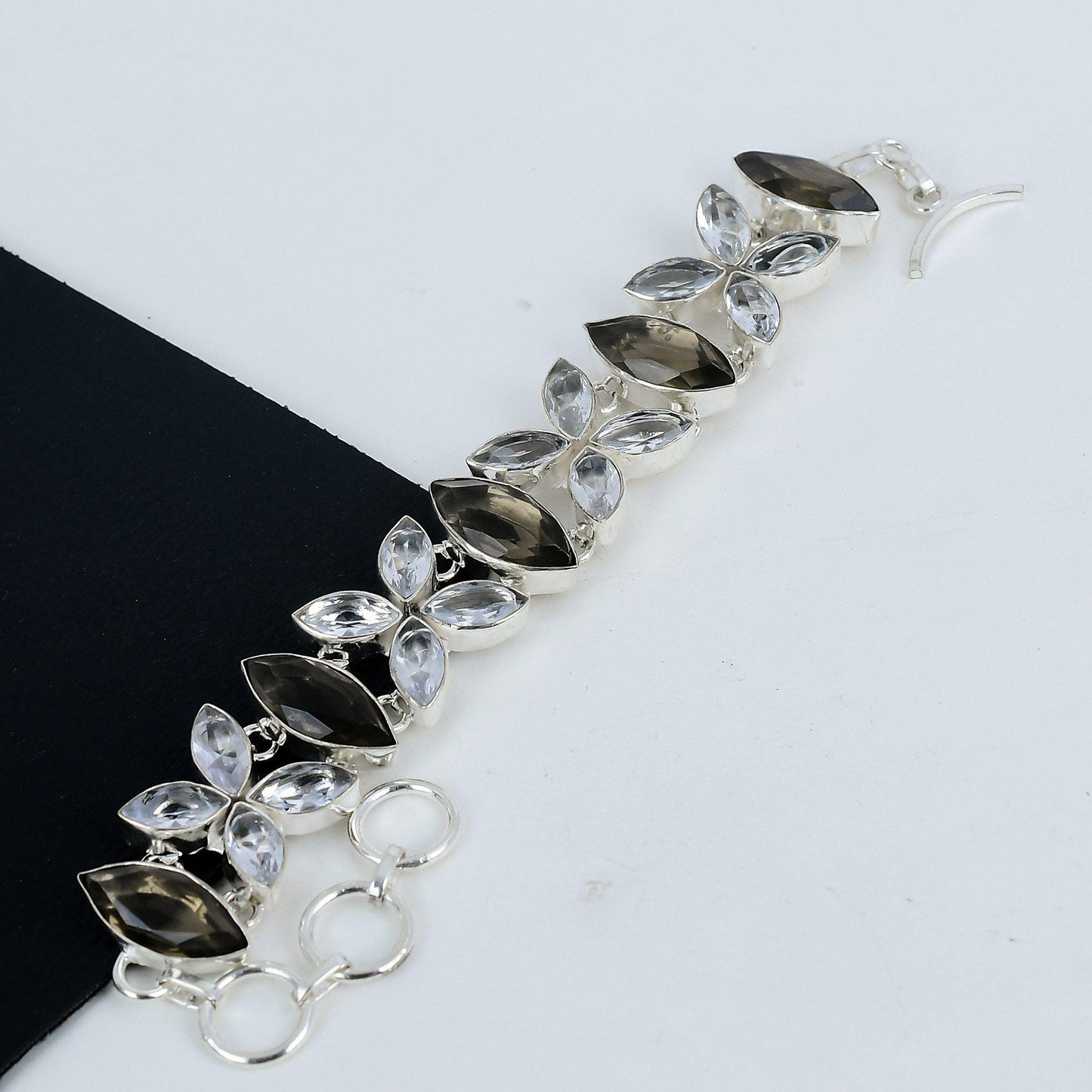 Smoky Brown & White Topaz Gemstone Sterling Silver Bracelet