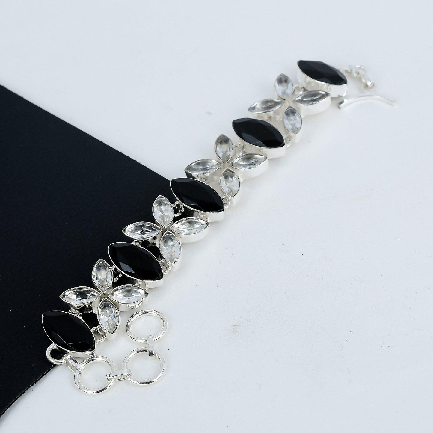 Black Spinel and White Topaz Gemstone Sterling Silver Bracelet