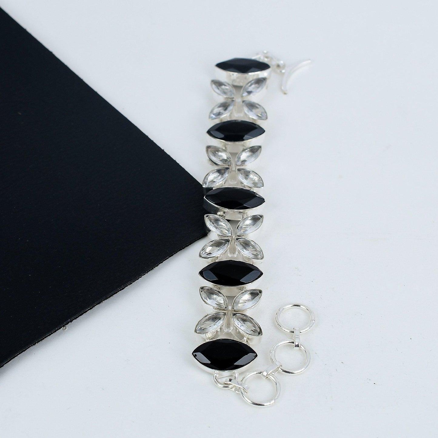 Black Spinel and White Topaz Gemstone Sterling Silver Bracelet